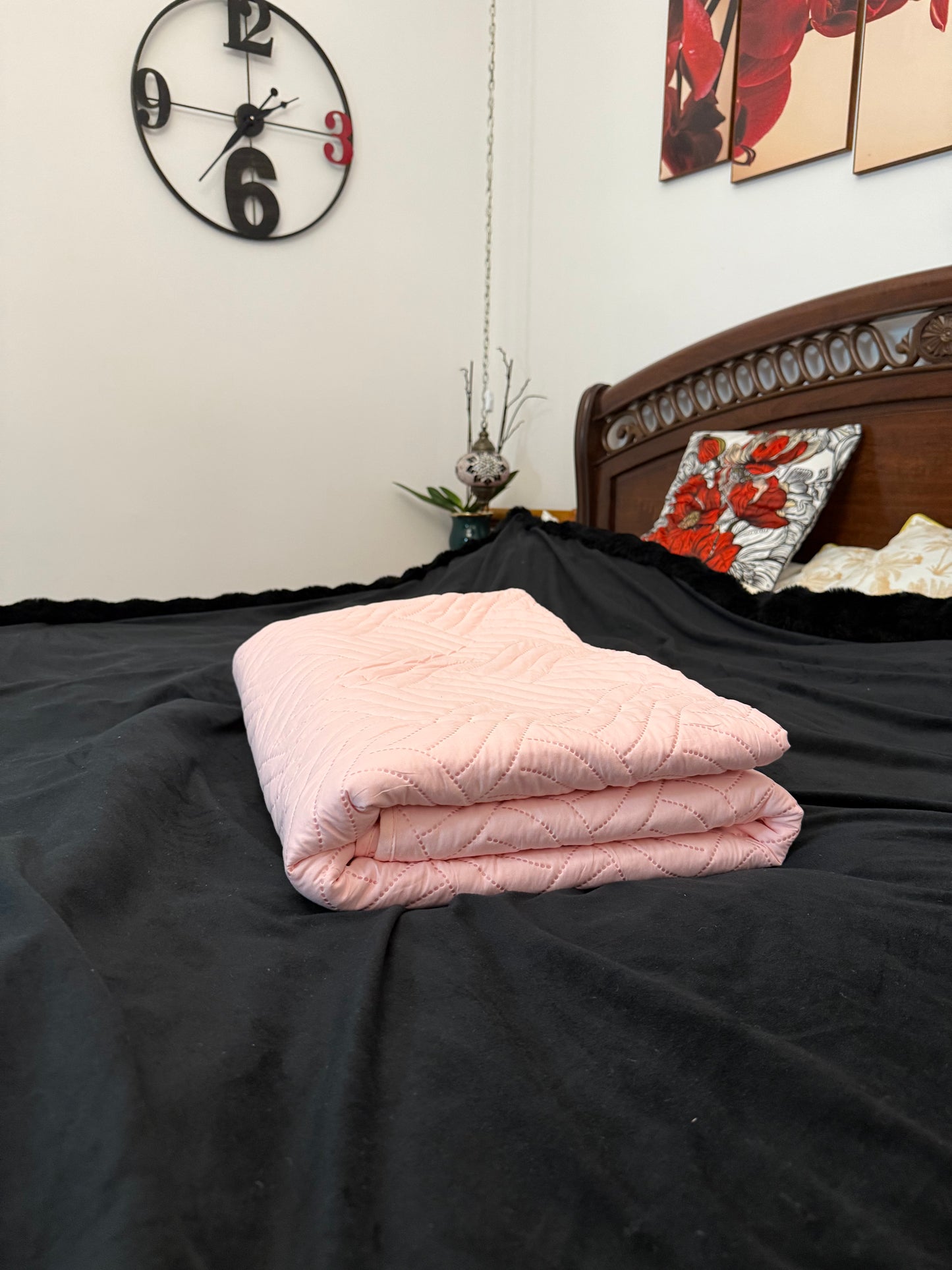 Elegancka Narzuta z Weluru 220×240 cm – Różowa, Pikowanie Jodełka